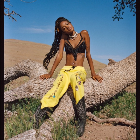 NEW RODARTE X TOM PETTY LOGO PRINT WILDFLOWERS YELLOW SWEATPANTS L - Picture 1 of 9